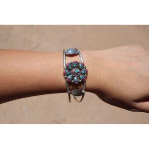 Native American Cuff Bracelet Multi Stone Inlay Sterling Silver‎ Sz 7.25in. **